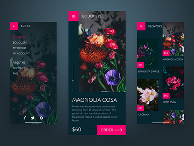 Dark Flower Shop App colors dark dark theme dark ui design flowers fuchsia mobile app navy pink plants shop shopping spring