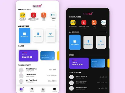FlexiPay UI Redesign accra android app apple branding card cards ui dark darkmode design expresspay flexipay ios money money transfer paypal uiux venmo web