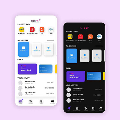 FlexiPay UI Redesign accra android app apple branding card cards ui dark darkmode design expresspay flexipay ios money money transfer paypal uiux venmo web