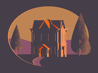 Victorian House Under Morning Glow adobe design grain graphic graphicdesign halftone house illustration illustrator light morning orange oval photoshop shadows tree victorian