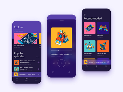 Podcasts - app view app app concept clean concept dark dark theme flat illustration interface ios minimal mobile modern player sketch ui uidesign uiux ux vector