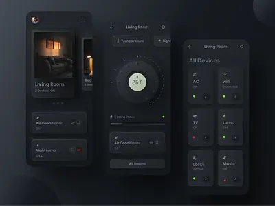 Skeuomorphic styled home control app UI - Dark version air conditioner app ui controller decor design dribbble fan home home control livingroom muzli skeuomorph skeuomorphic skeuomorphism temperature tv app ui uidesign uiux
