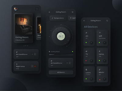 Skeuomorphic styled home control app UI - Dark version air conditioner app ui controller decor design dribbble fan home home control livingroom muzli skeuomorph skeuomorphic skeuomorphism temperature tv app ui uidesign uiux