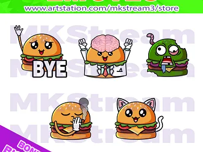 Twitch emotes cute burger bye, brain, zombie, smoking & cat pack animated emotes anime burger burger emoji burger emotes burger stickers bye emotes cat burger cute cute burger design emotes hamburger illustration junk food smoking sub badge twitch emotes zombie burger