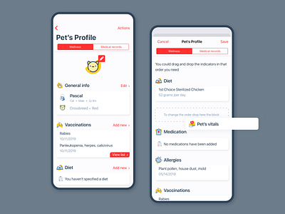 Pet passport - Pet's profile application blue health illustration medicine mobile pets red sketch ui ux yellow