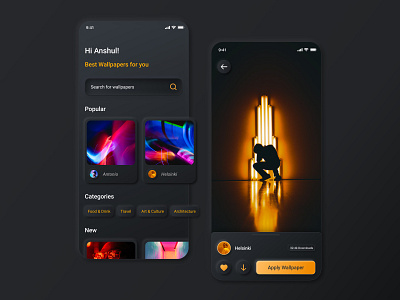 Neu Wallpaper App app clean colors dark figma interface minimal mobile neon neumorphism product design round shadow skeumorphism theme ui uiux ux wallpaper