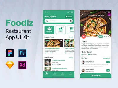 Foodiz App UI Kit app breakfast cake chicken delivery dinner drink eat figma food food app lunch menu mobile order pizza psd restaurant sketch xd