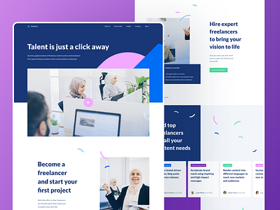 Landing page for global writing freelancing platform branding colors colorful employee freelencer hero section home homepage landing page layout list view main screen mentalstack photos platform slider styleguide ui design web design websitedesign writing