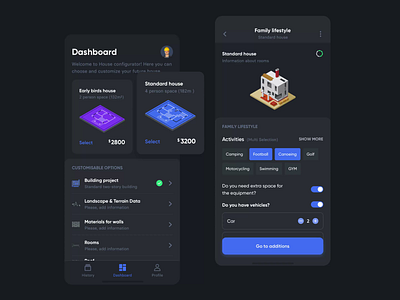 House configurator animation app builidng dark dashboard design house mobile settings ui ux