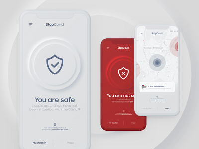 Covid-19 tracking app concept app apple application blockchain coronavirus covid 19 covid19 france localisation map mobile mockup neumorphism safe safety tracking ui white