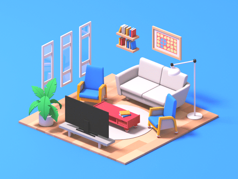 Press / Living Room 3d animation c4d cinema4d illustration isometric robotic room tech