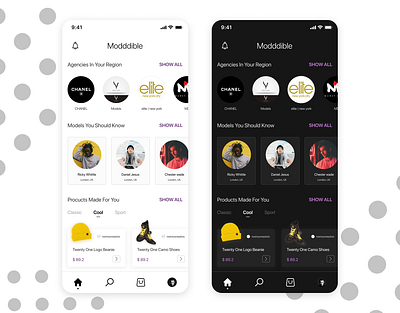 Modddible | fashion app home page app design dark mode dark theme fashion figma home homepage ios