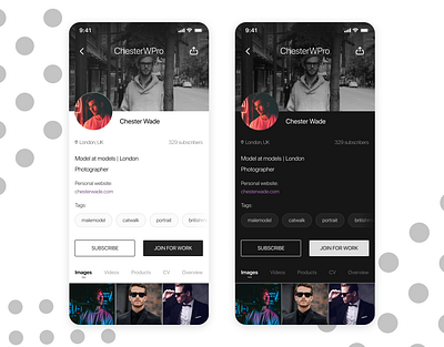 Modddible | fashion app model's profile page app design dark mode dark theme fashion figma ios modeling profile