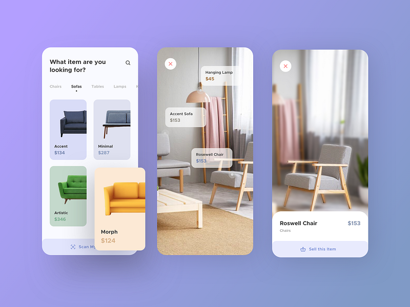 Furniture App UI II 2020 app app design augmentedreality buy clean clean ui design e commerce flat furniture furniture app furniture store ikea minimal sell ui user experience userinterface ux