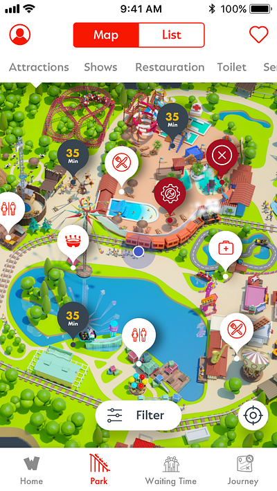 Map of the park Walibi application mobile ui design