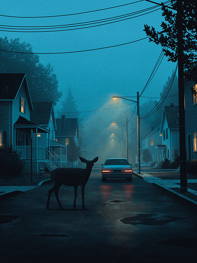 A Momentary Silence deer grainy illustration moegly moody neighborhood night nostalgic poster screenprint street lights tail lights