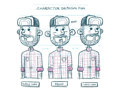 Character Design (subtle) Turnaround beard blake stevenson cartoon character design comic comic art concept art game design hat hipster illustration jetpacks and rollerskates plaid turnaround video game wip
