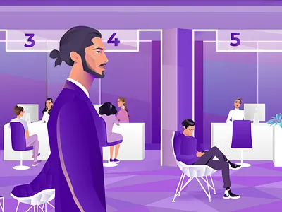 Businessman at Bank 2020 design 2d adobe aftereffects animation bank burnwe business colorful dribbble face illustration man purple trend