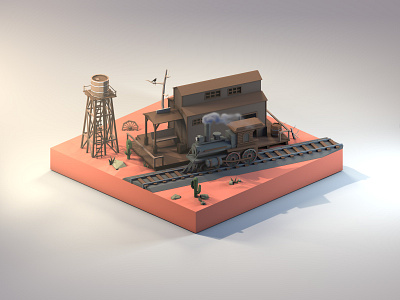 Wild West Train Station 3d 3dillustration 3dmodeling cinema4d diorama illustration isometric low poly lowpoly lowpolyart railway renders train water tower western wild west