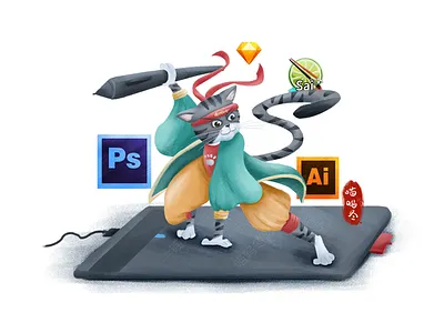 Kungfu cat standing on the graphics tablet animal cat chinese chinese culture design drawing graphics tablet html5 illustration kungfu page ui web