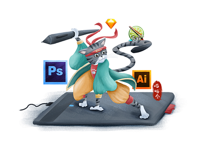 Kungfu cat standing on the graphics tablet animal cat chinese chinese culture design drawing graphics tablet html5 illustration kungfu page ui web