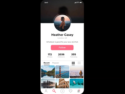 Daily UI #006 - User Profile animation app daily ui 006 dailyui design followers interface ios mobile animation photo gallery prototype scrolling social media app ui user profile