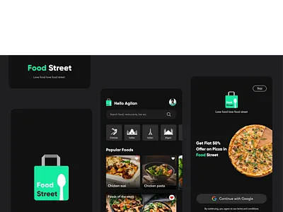 Food Street - Food delivery app in Black theme black black theme blue branding clean color design food app icons logo minimal mobile shape solid typography ui ui ux design ux vector