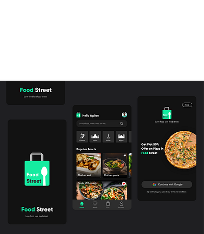 Food Street - Food delivery app in Black theme black black theme blue branding clean color design food app icons logo minimal mobile shape solid typography ui ui ux design ux vector