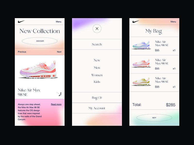 Nike | UI Mobile Version blur blurred buy cart checkout color gradient mob mobile mobile app responsive shop shopping cart style