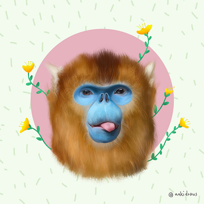 No Monkey Business animal blue cute flower goldensnubnosedmonkey minimal monkey painted procreate yellow