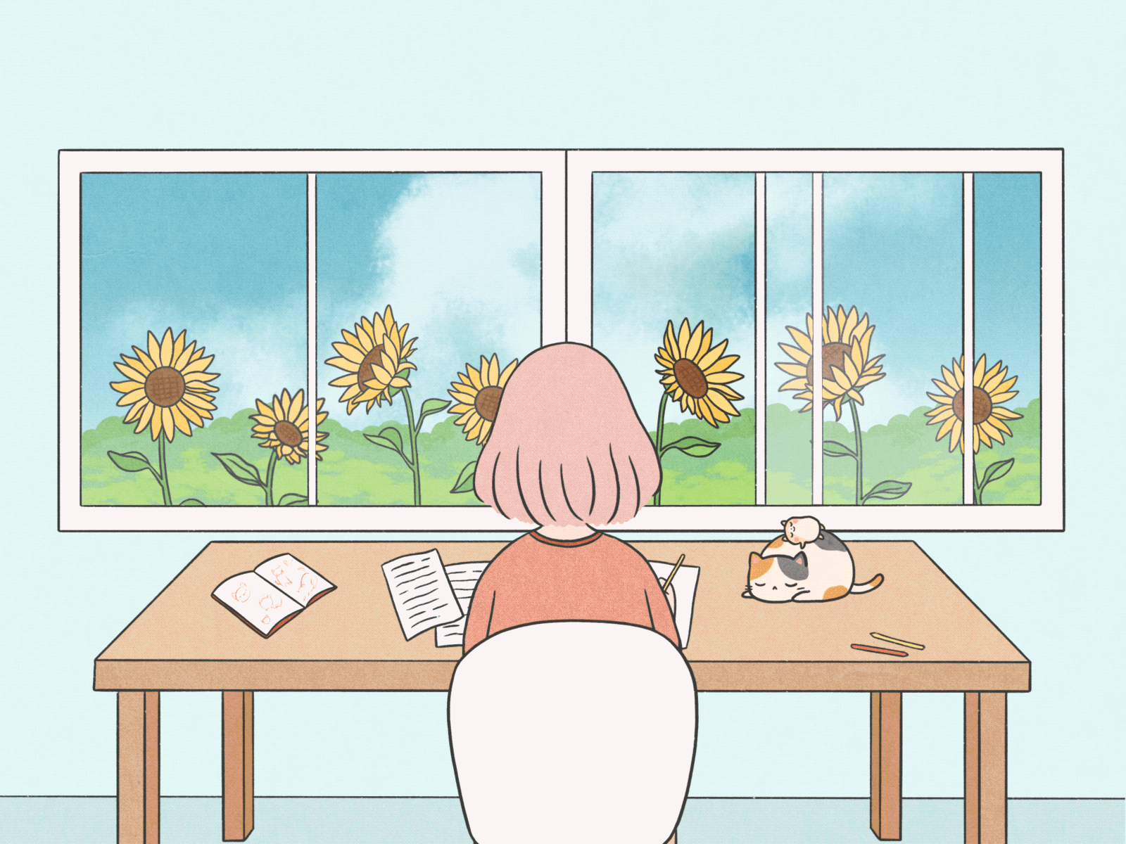 Quiet afternoon animation animation 2d anime cat hamster hand drawn animation illustration lofi procreate sunflowers