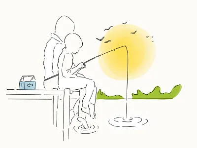Fishing with Dad birds drawing fall family father fish fishing illustration ipad pro line drawing minimal procreate spring summer sun sunset travel traveling trees womenofillustration