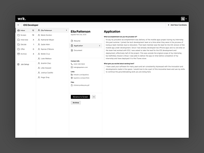 Wrk - Applicant Tracking Dashboard app applicant tracking system application ats black and white build clean company dashboard growth hiring hiring platform interface job application job board job post minimal simple software ui