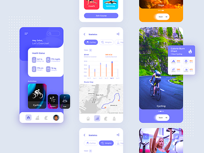 Fitness App android blue card cycling design exercise fitness illustration images ios mobile app mobile ui screens ui ux vibrant violet