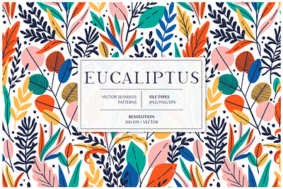 EUCALIPTUS seamless pattern branch eucalyptus exotic floral flower jungle leaf leaves pattern rainforest seamless spring summer tropic tropical vector