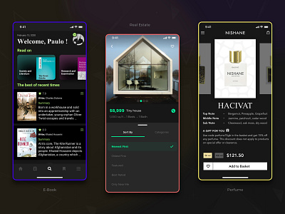 Dark UI Examples dark app dark mode dark theme ebook ios mobile nishane perfume real estate ui ux uı