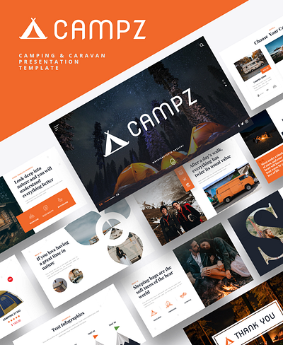 CAMPZ – Camping & Caravan Powerpoint Template adventure backpack bonfire camp camper campfire camping caravan forest hiking holiday journey landscape leisure lifestyle mountain nature outdoor outdoors recreation