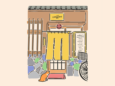 Coffee Shop bicycle cat coffee coffee shop coffee shop japan design facade flat illustration homey illustration japan traditional coffee shop