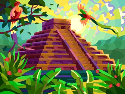 Chichen Itza art birds design digital graphic illustration landscape pyramid vector