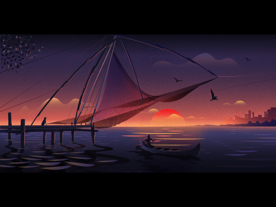 Giant Chinese Fishing Nets In Kochi (Cochin), Kerala adobe illustrator boat design dusk fishing flat illustration kochi sunset texture vector