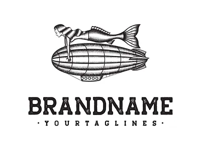 Zeppelin And Mermaid Logo ballon classic design designer drawing engraved hand drawn illustraion illustration logo logo for sale mermaid rustic vector vintage vintage logo zeppelin