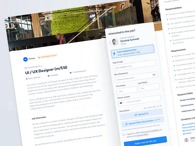 Hiring Platform – Job Application Page action sheet actions application cards clean experience header hiring hiring platform join minimalistic modern platform simple tool ui user interface ux webapp website