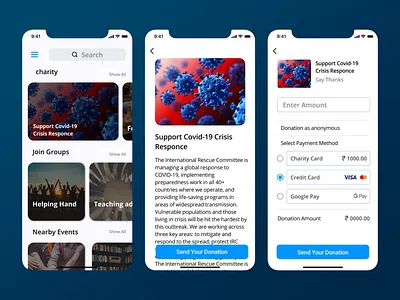 charity app design app app design charity charity event coronavirus design donation home screen ui ui design uiux ux