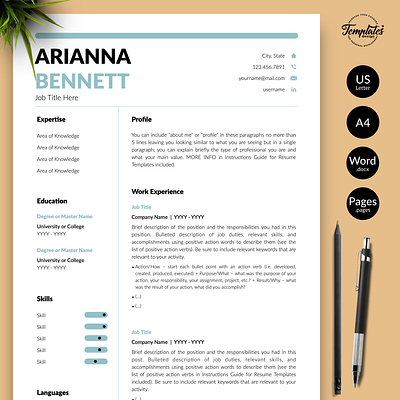 Simple Resume for Word & Pages “Arianna Bennett” any job position basic resume best resume template clean resume cv for pages cv for word cv modern resume cv template editable resume perfect resume professional resume resume for word resume template resume template etsy resume template word resume with cover simple resume