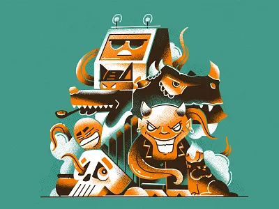 Monsters bright cat character characterdesign color devil dinosaur flat funny geometric halftone halloween illustration monster procreate scary skull texture wolf
