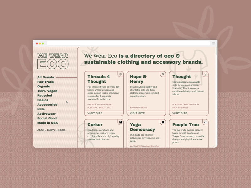 We Wear Eco animation cards design directory earthday earthy eco filter green grid muted parallax retro soft sort sorting texture ui web website