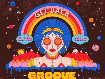 Get Outta That Funk 70s blue dripping funk funky groove hidden skull illustration mountains pink rainbow saturated space sparkles vinyl