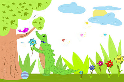 a crocodile gives a flower to a bird, artwork card isolated love вектор дизайн иллюстрация красиво крокодил логотип пейзаж птица рисунок фон цветы