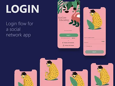 Login experience for educating app. animals animals illustrated app bright flat fun login loginflow ui ux
