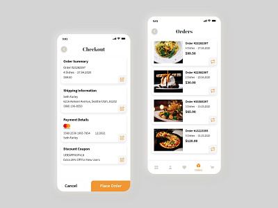 Food Delivery App UX/UI Design - Checkout & Orders app checkout delivery design food home homepage orders page screen splash ui uidesign uiux ux uxdesign uxui webdesign